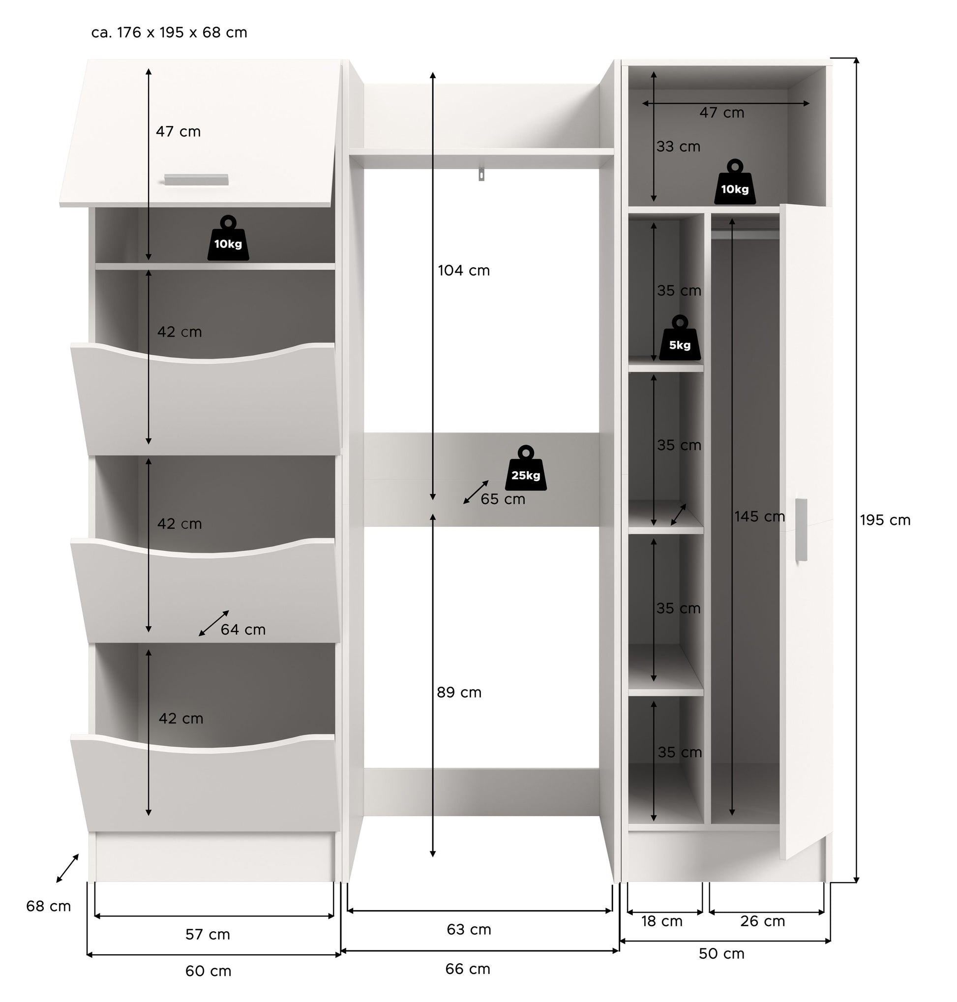 Waschmaschinenschrank-Set (3-teilig) – Frontansicht mit Innenfächern und Schubladen (Maßskizze).