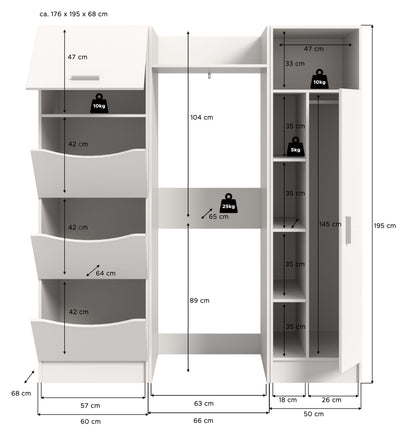 Waschmaschinenschrank-Set (3-teilig) – Frontansicht mit Innenfächern und Schubladen (Maßskizze).