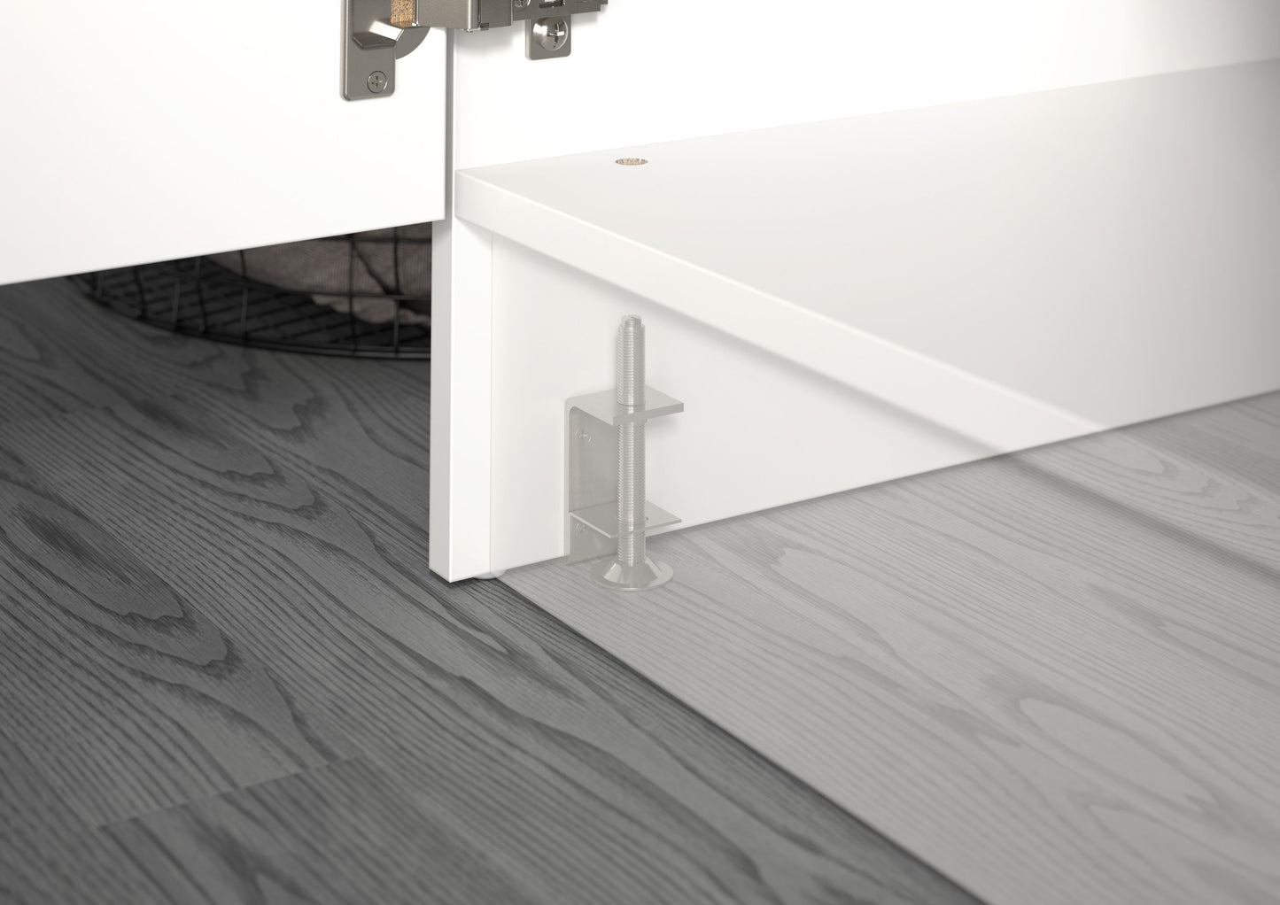 Waschmaschinenschrank-Set (3-teilig) – Stellfuß am Boden unter dem Schrank, Detailaufnahme.