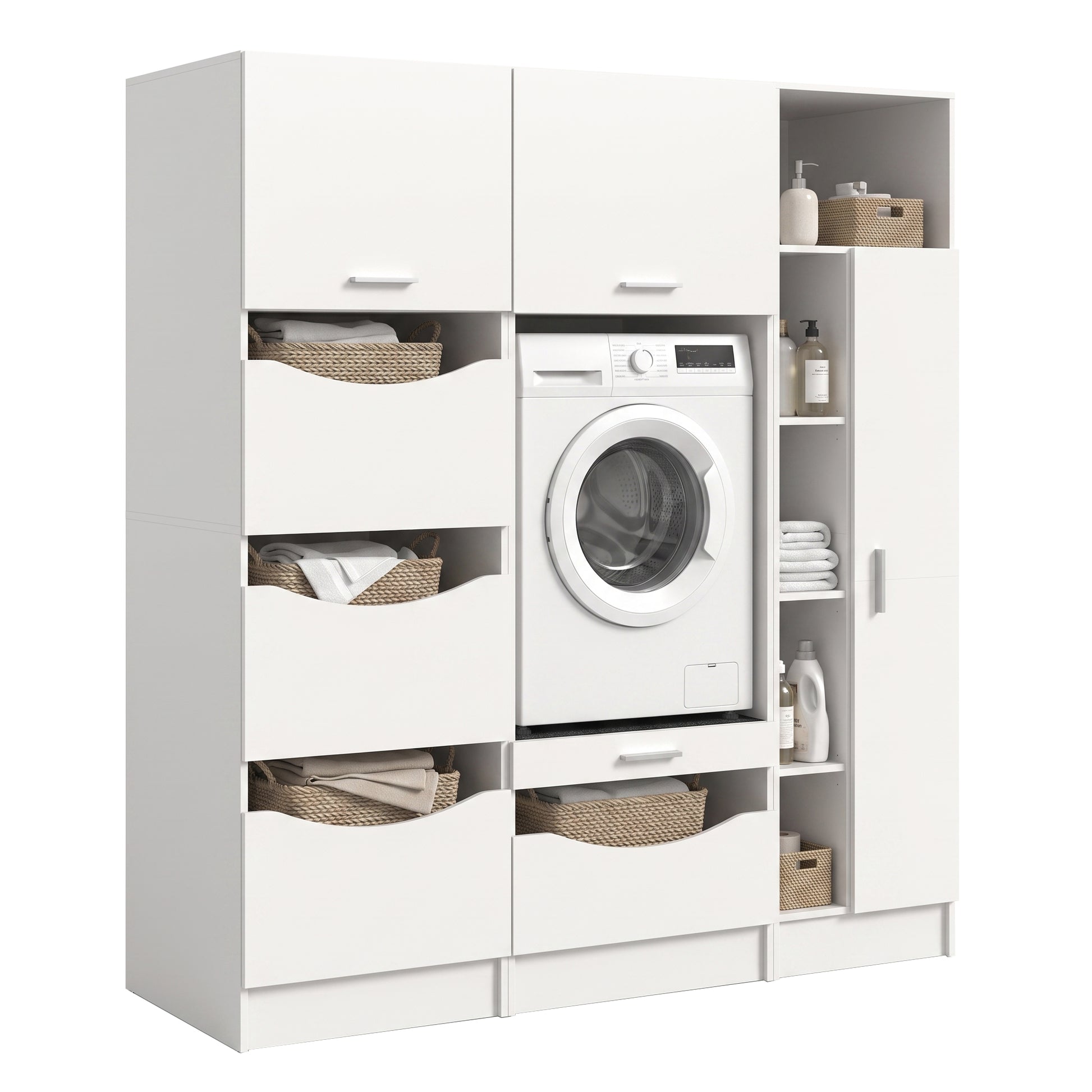 Waschmaschinenschrank-Set in Weiß mit Schubladen, Ablagen und integrierter Waschmaschine