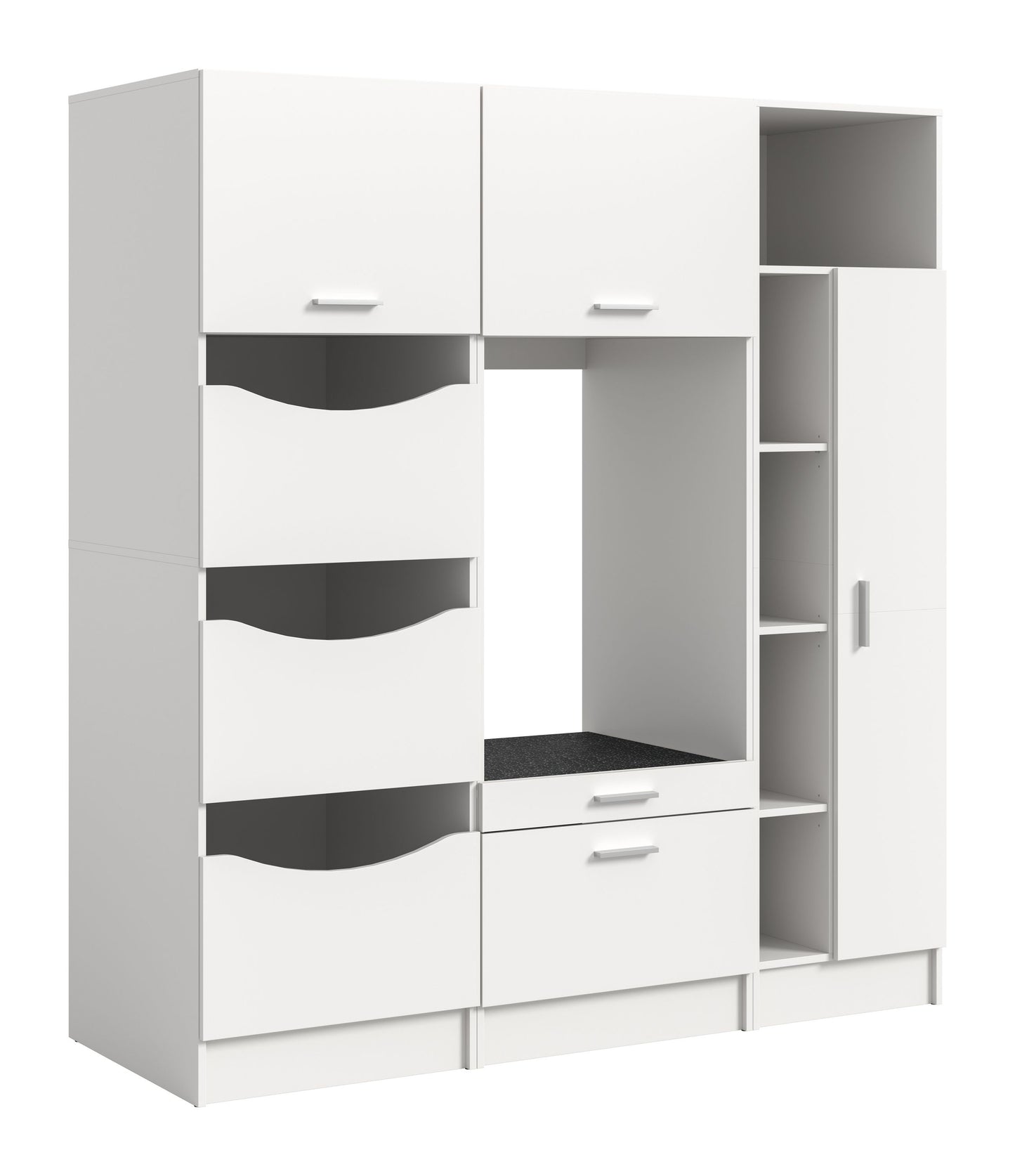Waschmaschinenschrank-Set mit weißen Fronten, offenen Fächern und anthrazitfarbenen Einsätzen