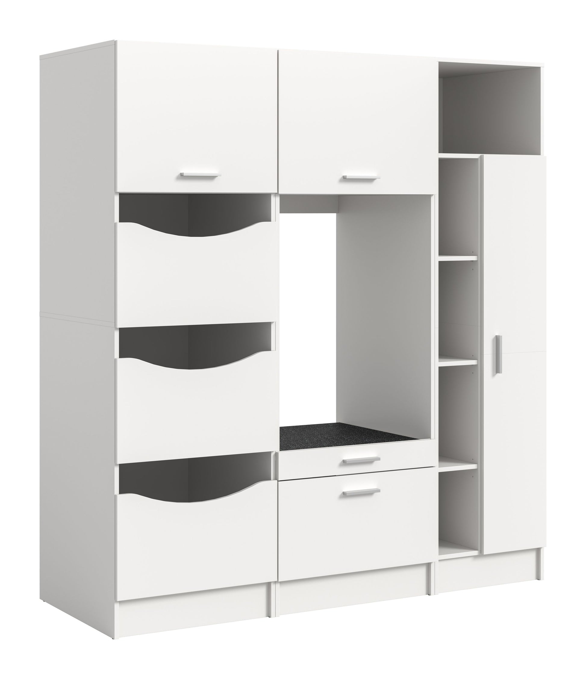 Waschmaschinenschrank-Set mit weißen Fronten, offenen Fächern und anthrazitfarbenen Einsätzen