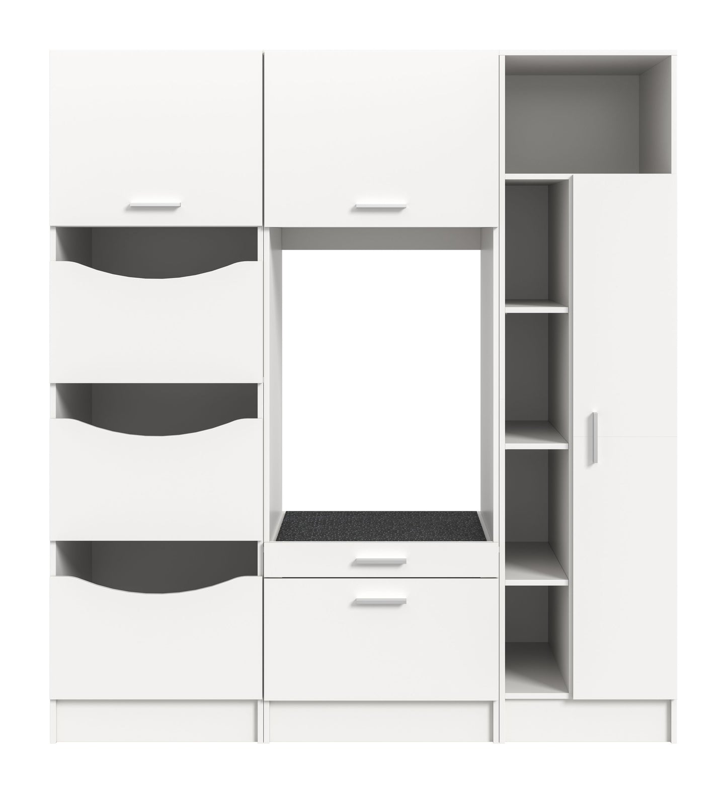 Waschmaschinenschrank-Set mit geöffnetem Wäschefach, Schubladen und Seitenregal