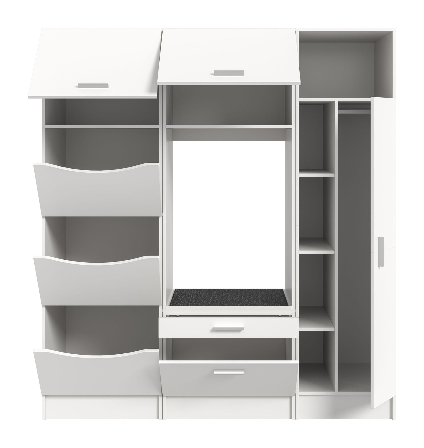 Waschmaschinenschrank-Set mit hochklappbarer Front, offenen Fächern und Schubladen
