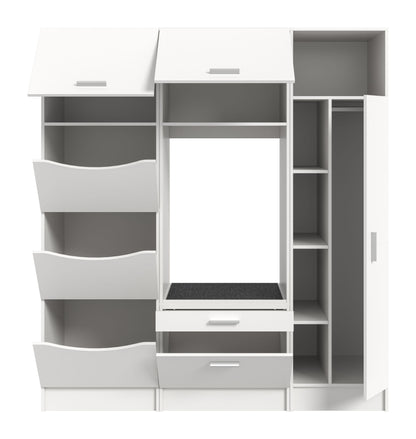 Waschmaschinenschrank-Set mit hochklappbarer Front, offenen Fächern und Schubladen