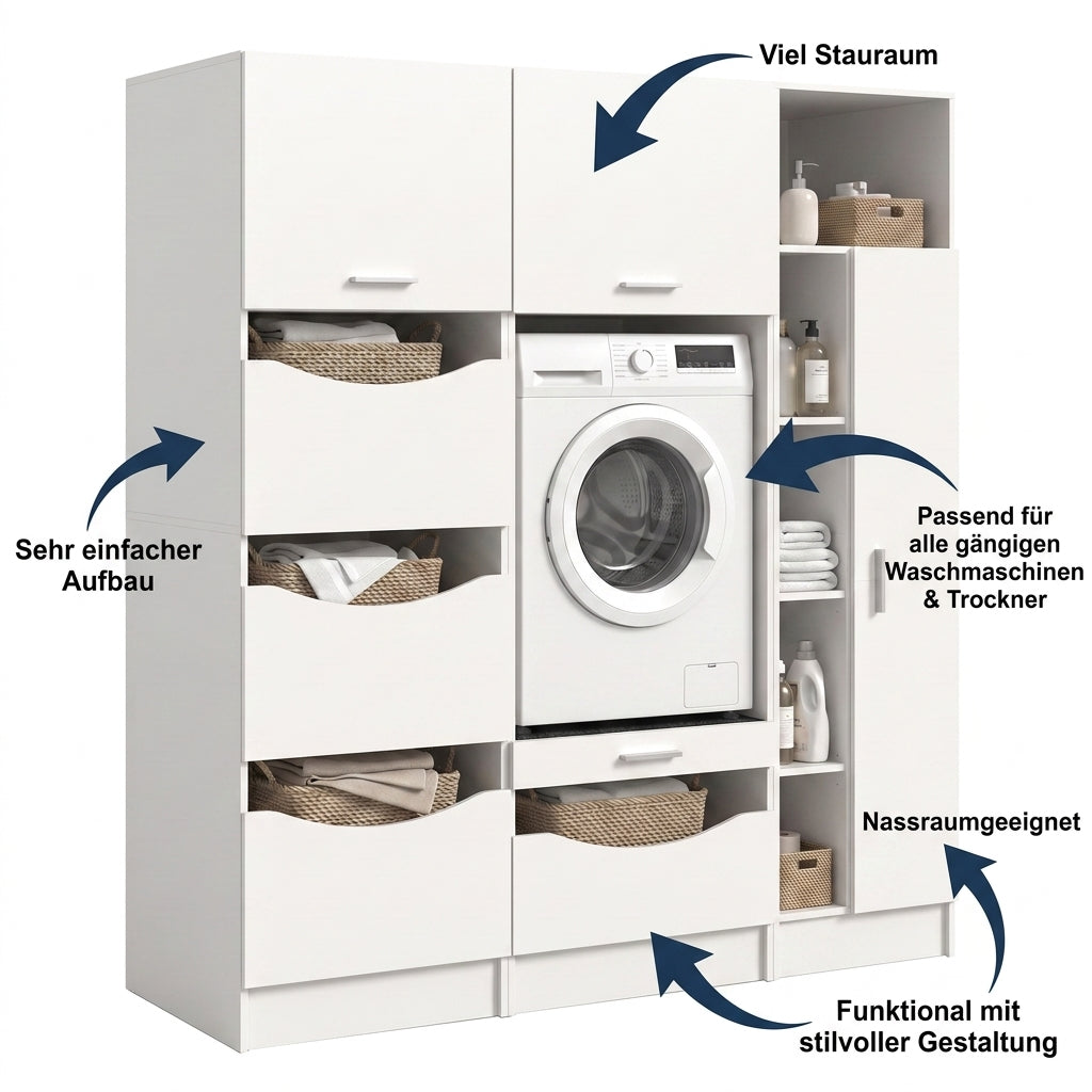 Waschmaschinenschrank-Set in Weiß mit Schubladen und Stauraum für Waschmaschine und Wäsche
