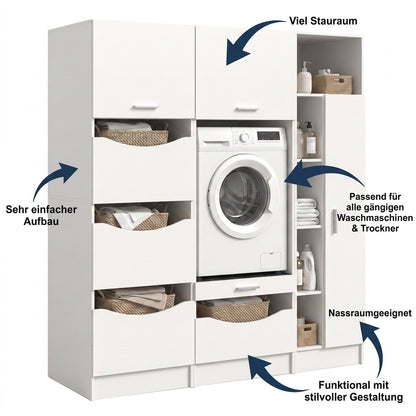 Waschmaschinenschrank-Set in Weiß mit Schubladen und Stauraum für Waschmaschine und Wäsche