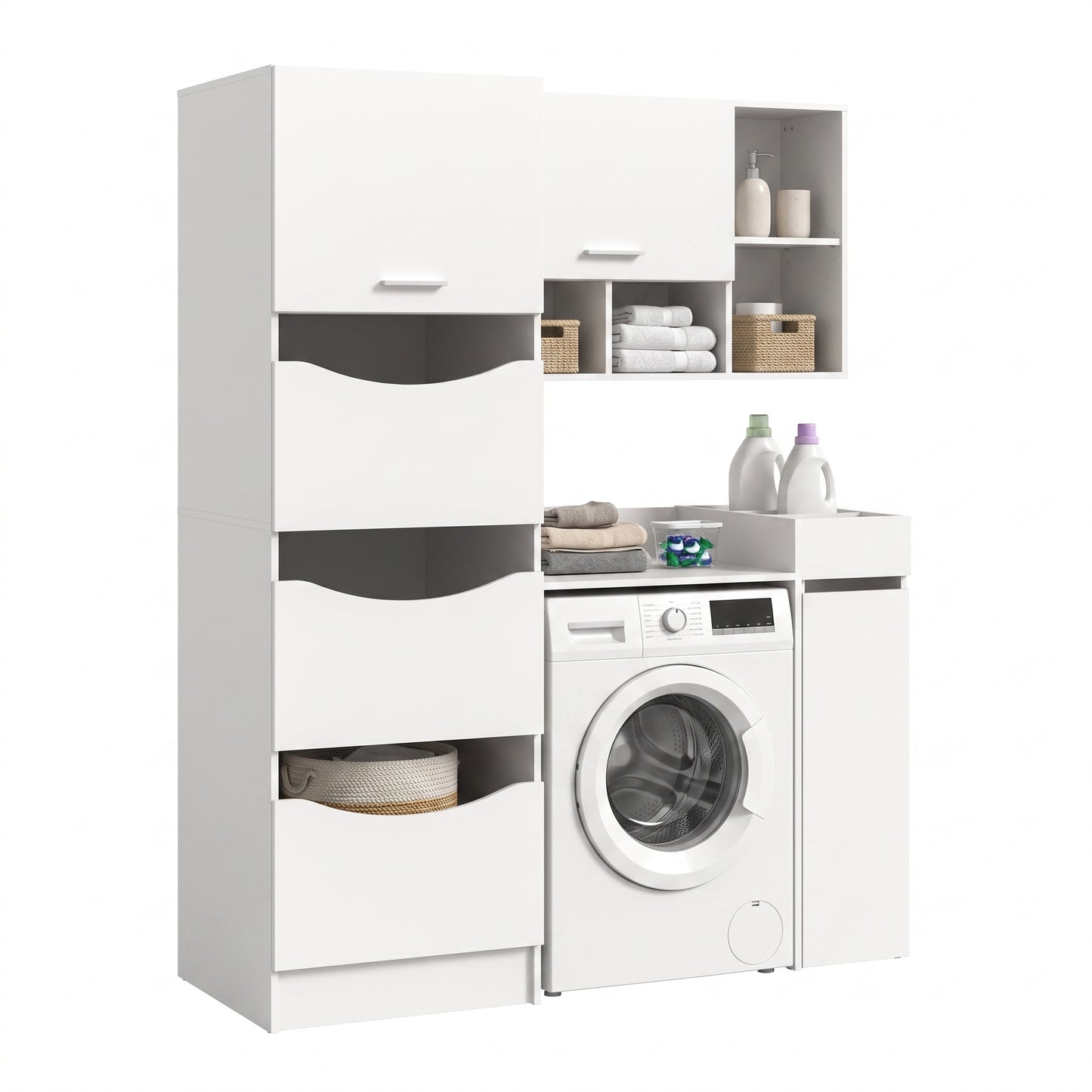 Homes & Jones Waschmaschinenschrank-Set in Weiß mit offenen Fächern über der Waschmaschine