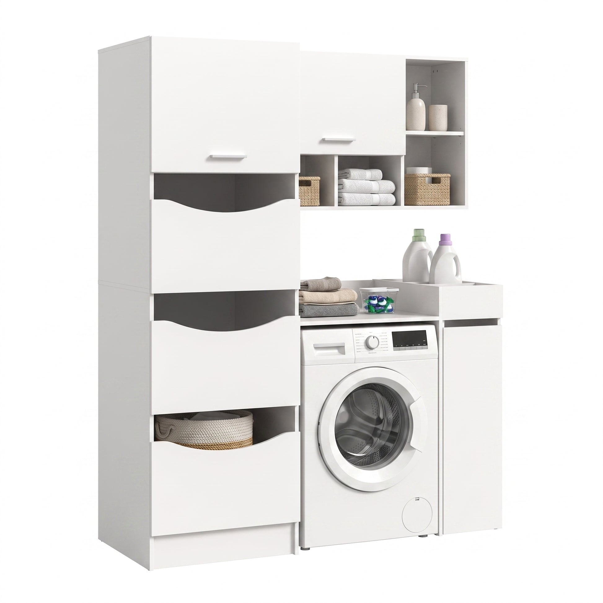 Homes & Jones Waschmaschinenschrank-Set in Weiß mit offenen Fächern über der Waschmaschine