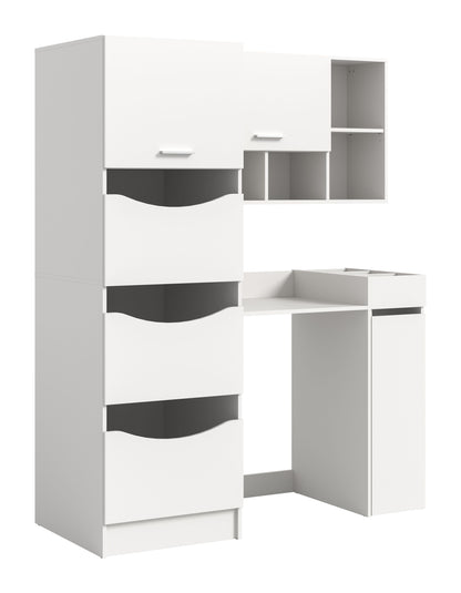 Waschmaschinenschrank-Set in Weiß mit offenen Fächern und Schubladen, rechts Anrichte