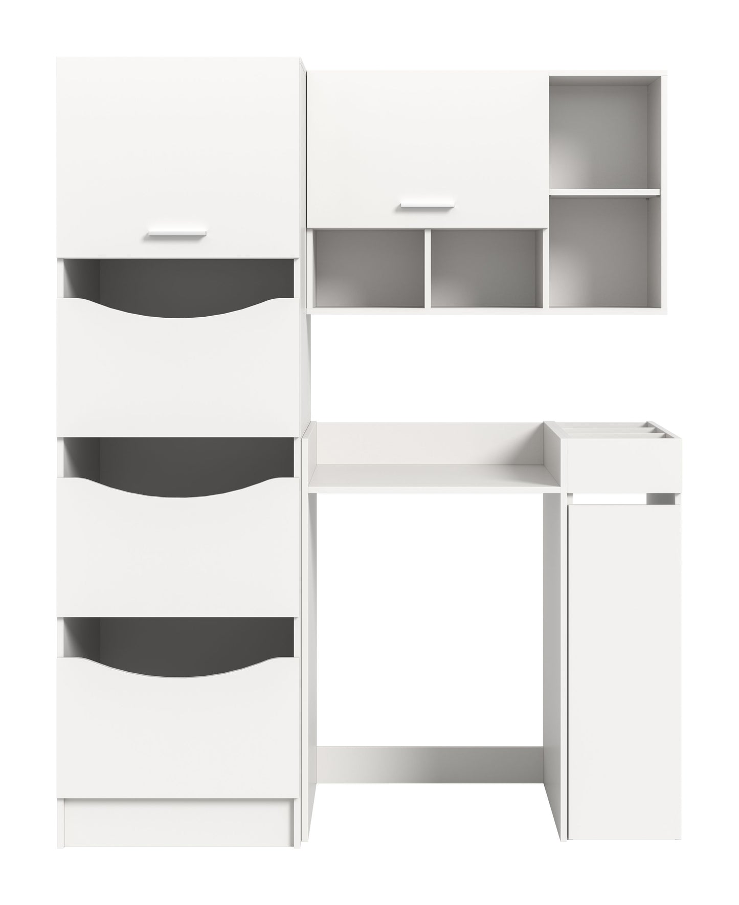 Waschmaschinenschrank-Set in Weiß mit geöffnetem Seitenfach, Innenregal und Schubladen