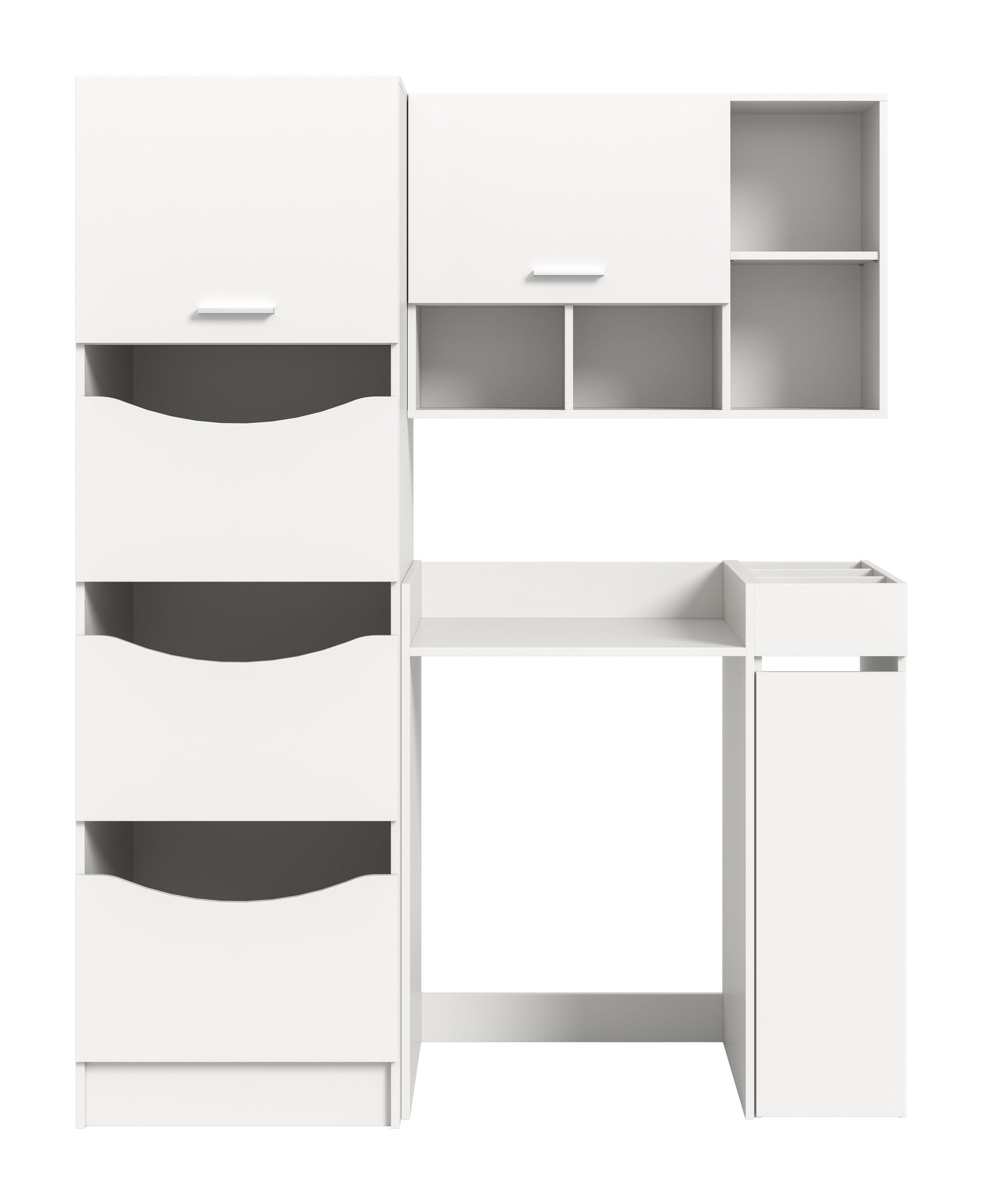 Waschmaschinenschrank-Set in Weiß mit geöffnetem Seitenfach, Innenregal und Schubladen