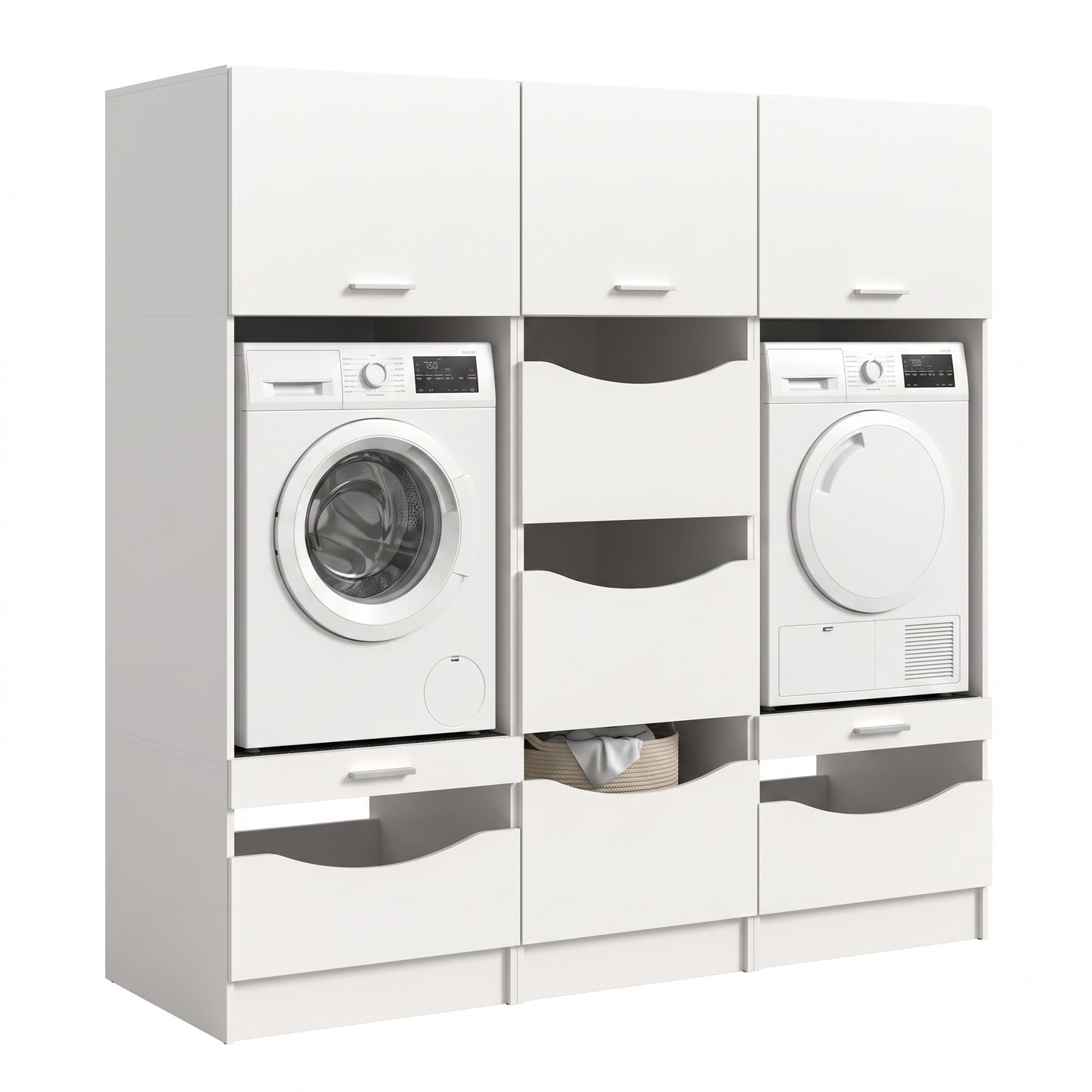 Waschmaschinenschrank-Set in Weiß mit Schubladen und zwei integrierten Geräten