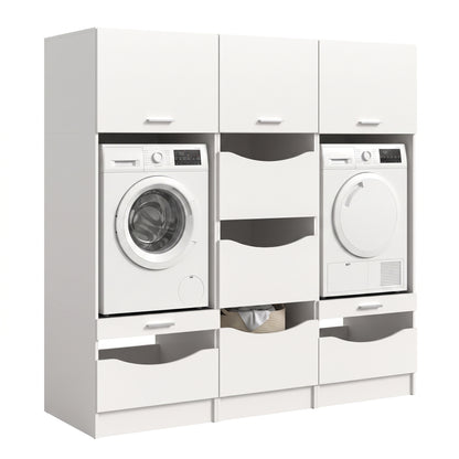 Waschmaschinenschrank-Set in Weiß mit Schubladen und zwei integrierten Geräten