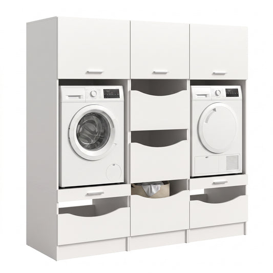 Waschmaschinenschrank-Set in Weiß mit Schubladen und zwei integrierten Geräten