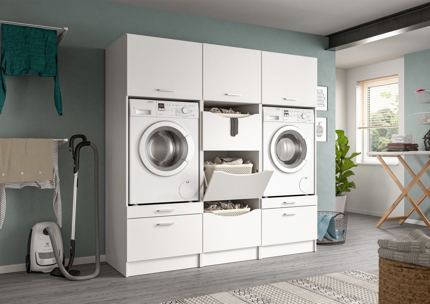 Waschmaschinenschrank-Set, weiß, offene Fächer für Waschmaschine und Wäschekorb-Einsätze