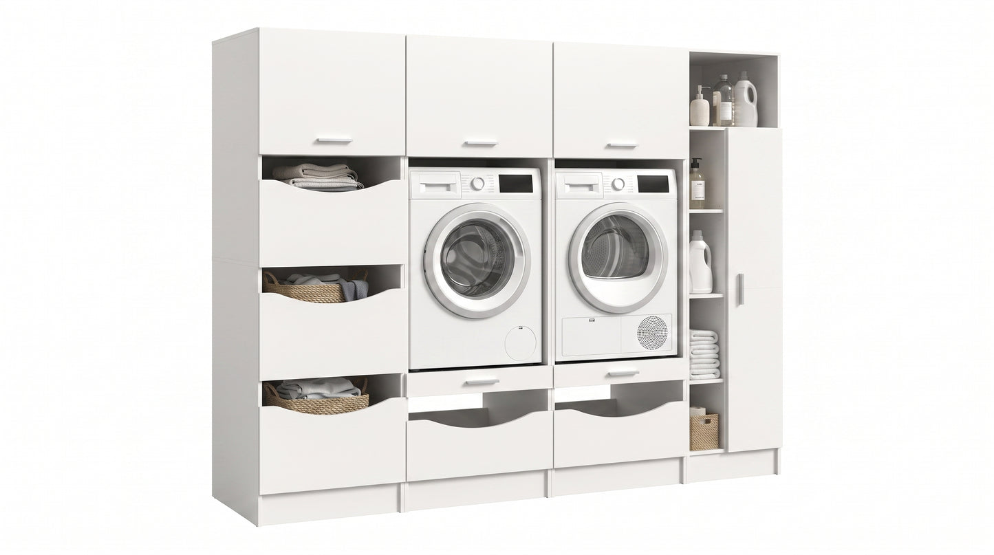 Homes & Jones Waschmaschinenschrank-Set, weißes 4-teiliges Ordnungssystem mit Fächern und Türen