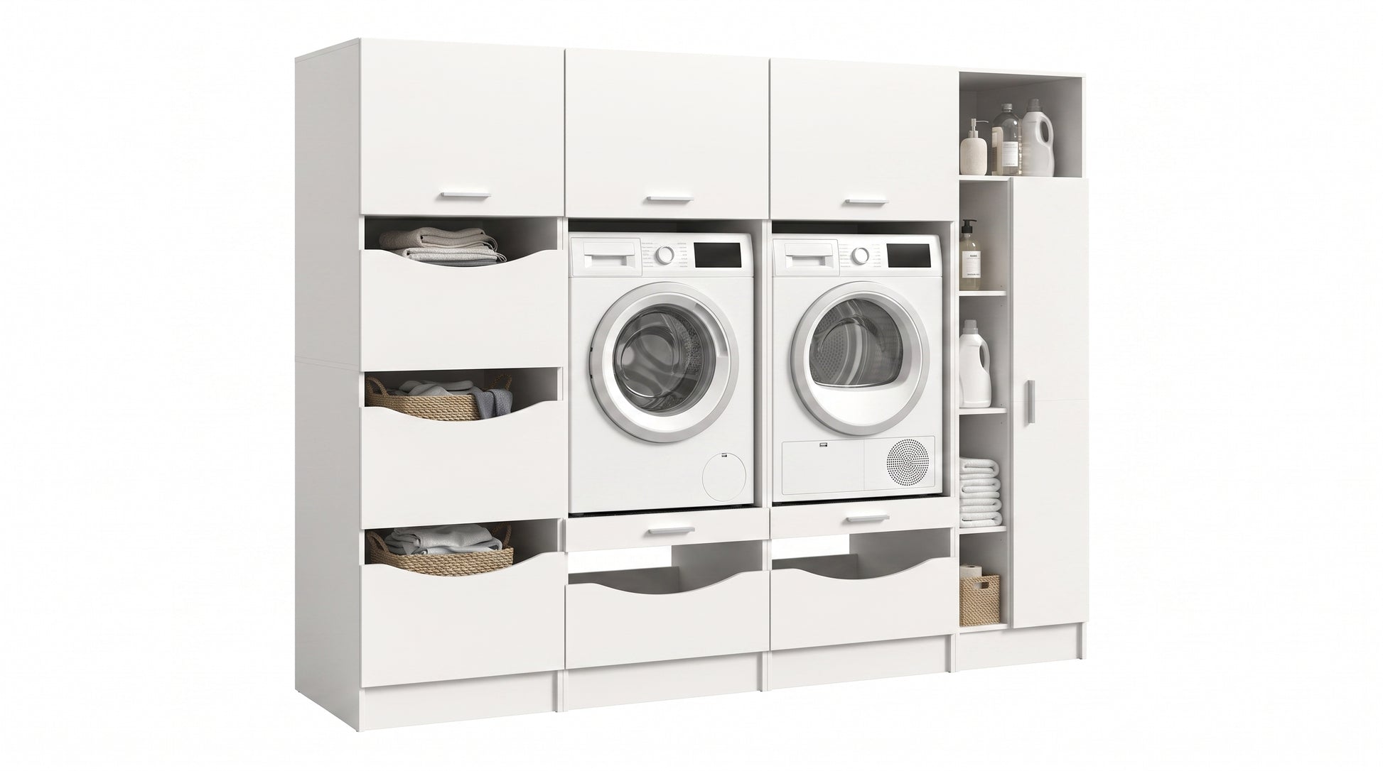 Homes & Jones Waschmaschinenschrank-Set, weißes 4-teiliges Ordnungssystem mit Fächern und Türen