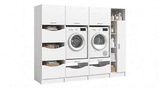 Homes & Jones Waschmaschinenschrank-Set, weißes 4-teiliges Ordnungssystem mit Fächern und Türen