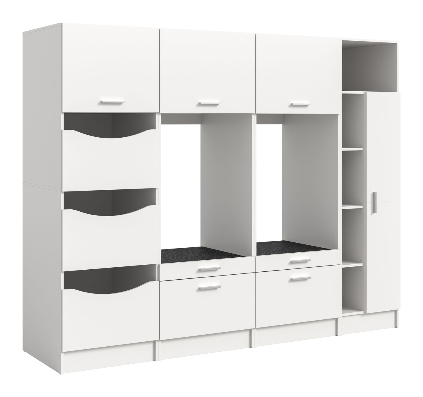 Waschmaschinenschrank-Set mit weißen Schubladen, Ablagen und seitlichem Fach, grifflose Frontoptik