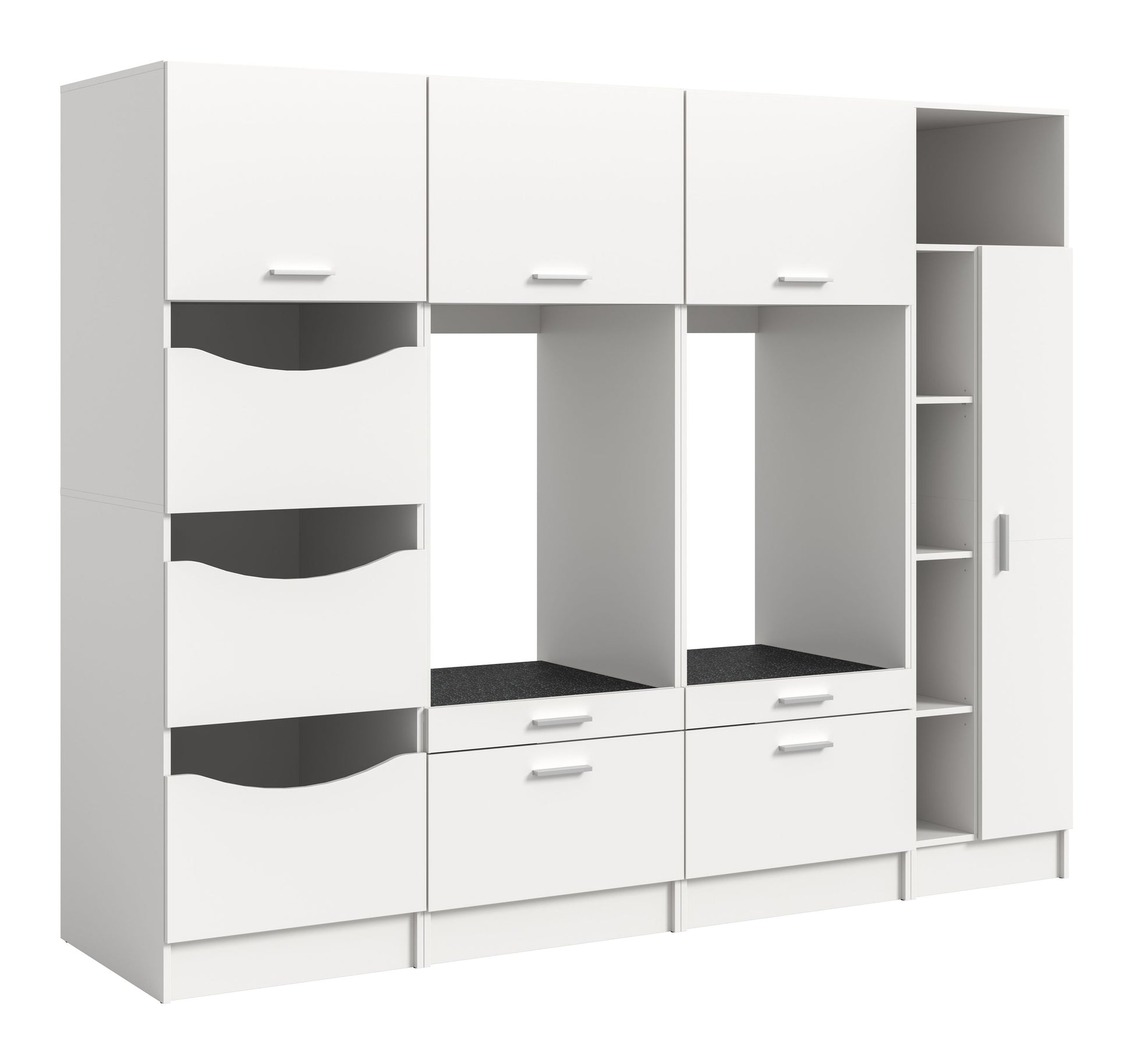 Waschmaschinenschrank-Set mit weißen Schubladen, Ablagen und seitlichem Fach, grifflose Frontoptik
