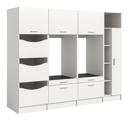 Waschmaschinenschrank-Set mit weißen Schubladen, Ablagen und seitlichem Fach, grifflose Frontoptik