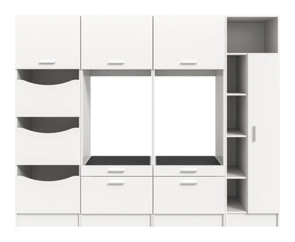 Waschmaschinenschrank-Set in Weiß mit geschlossenen Türen, seitlichem Regal und Schubladen