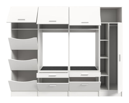 Waschmaschinenschrank-Set, Frontansicht mit offenen Fächern, Schubladen und großen Öffnungen