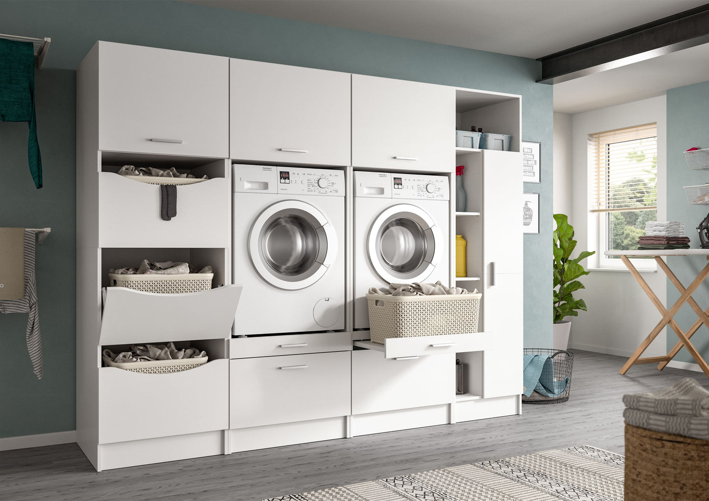 Waschmaschinenschrank-Set in Weiß mit geöffneten Fächern, Schubladen und Platz für zwei Geräte