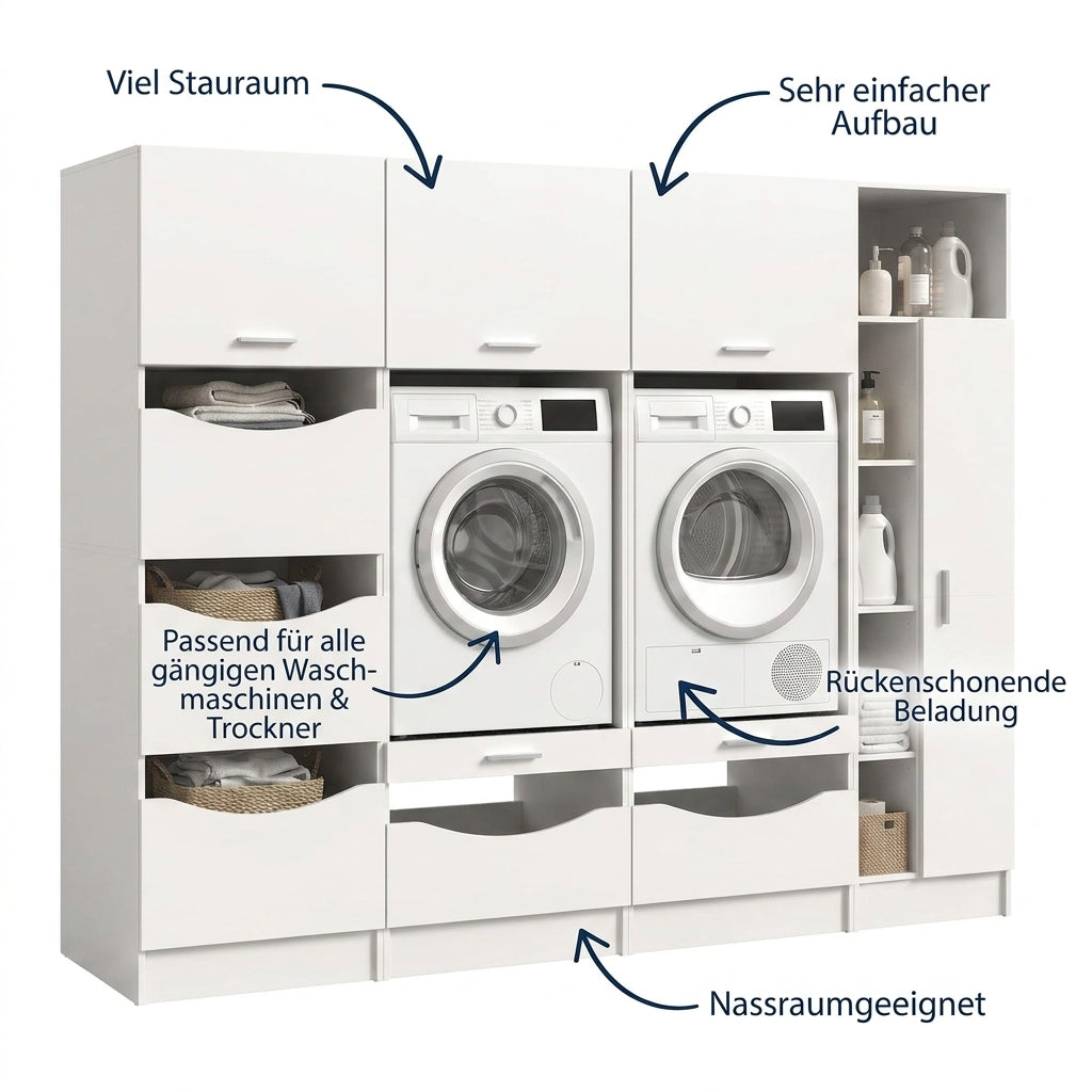 Homes & Jones Waschmaschinenschrank-Set in Weiß, mit integrierten Waschmaschinen und Stauraumfächern