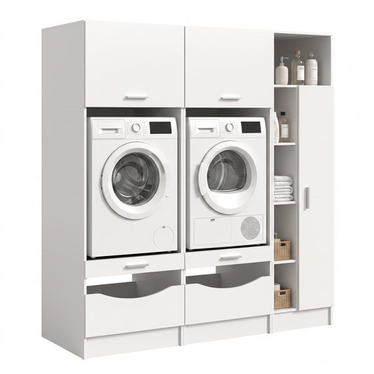 Waschmaschinenschrank-Set (3-teilig): weißes Schrankmodul mit zwei Waschmaschinen und Regalfach