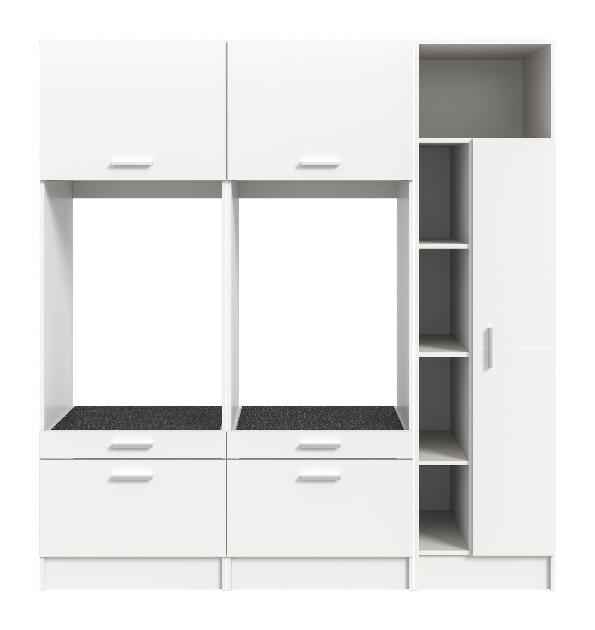 Waschmaschinenschrank-Set in Weiß, offene Waschmaschinenbereiche, Schubladen und Seitenfach