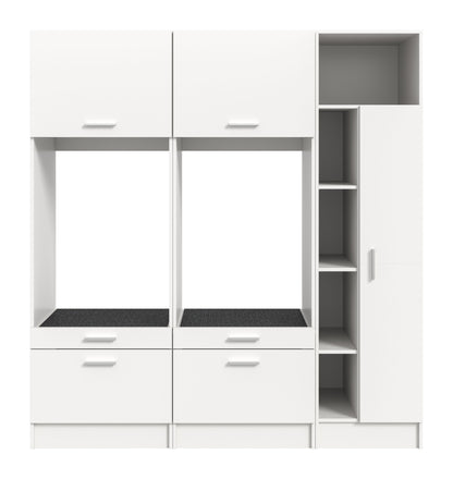 Waschmaschinenschrank-Set in Weiß, offene Waschmaschinenbereiche, Schubladen und Seitenfach