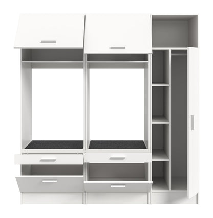 Waschmaschinenschrank-Set in Weiß mit zwei offenen Bereichen, Schubladen und seitlichem Regal