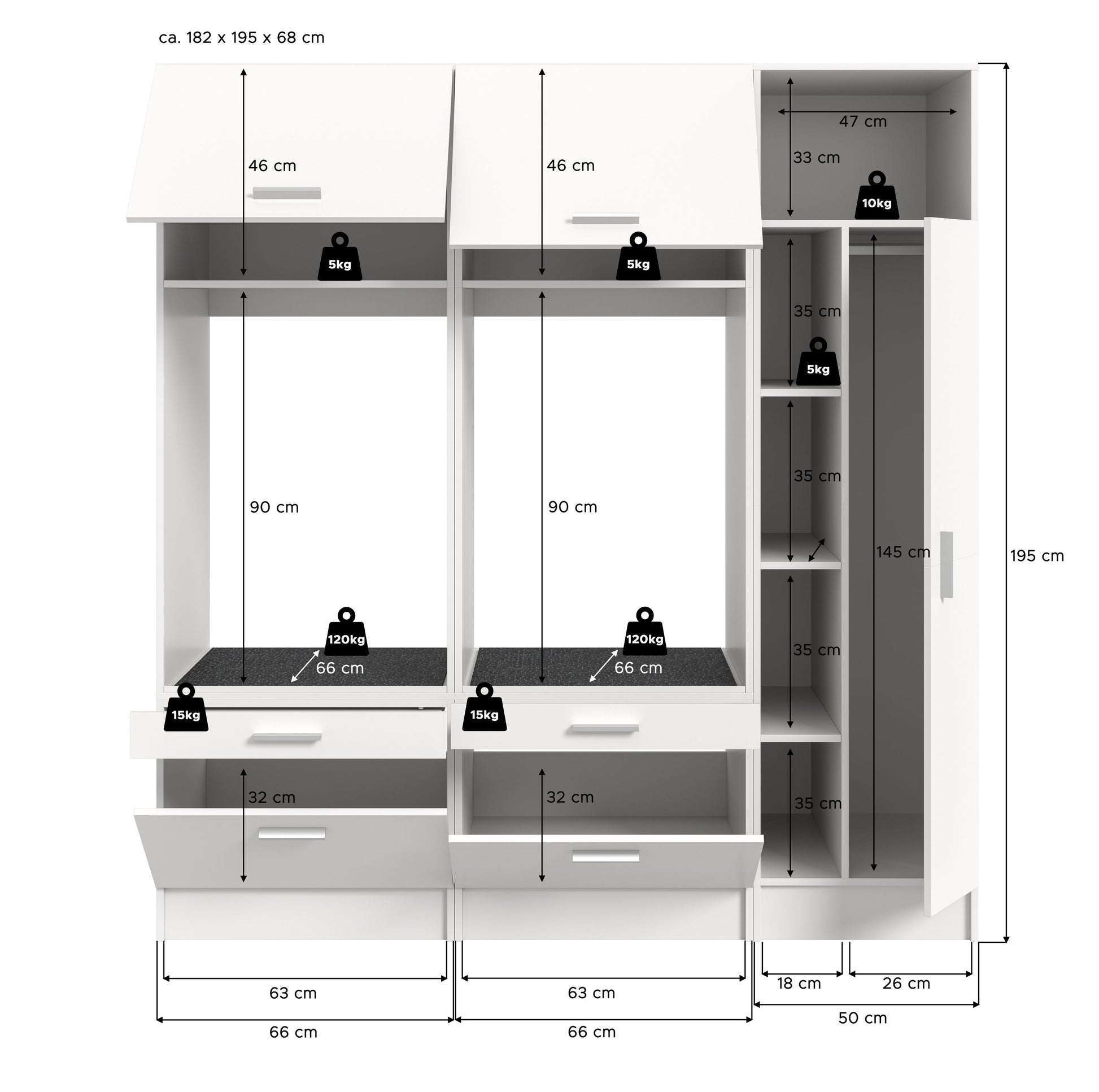 Waschmaschinenschrank-Set in Weiß, Frontansicht mit Maßen, Schubladen und offenen Fächern