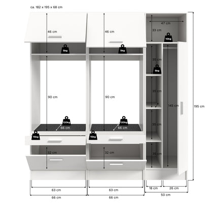 Waschmaschinenschrank-Set in Weiß, Frontansicht mit Maßen, Schubladen und offenen Fächern