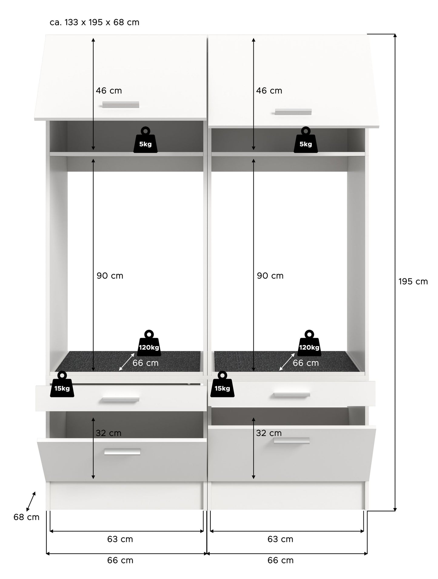 Waschmaschinenschrank-Set (2-teilig) mit Maßen, weiß mit Aufteilungen und Schubladen