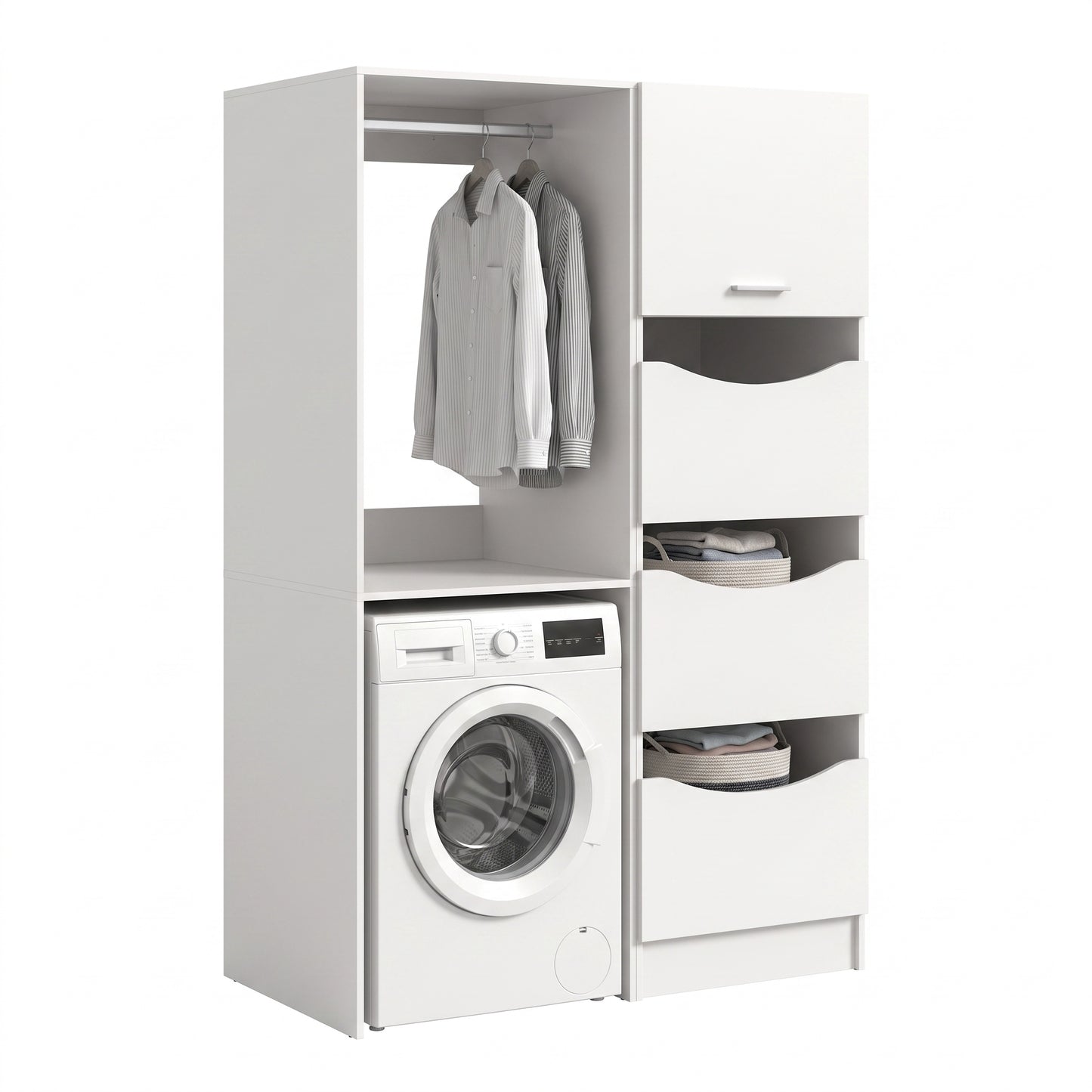 Waschmaschinenschrank-Set mit Kleiderstange, Fächern und Schublade für Waschmaschine