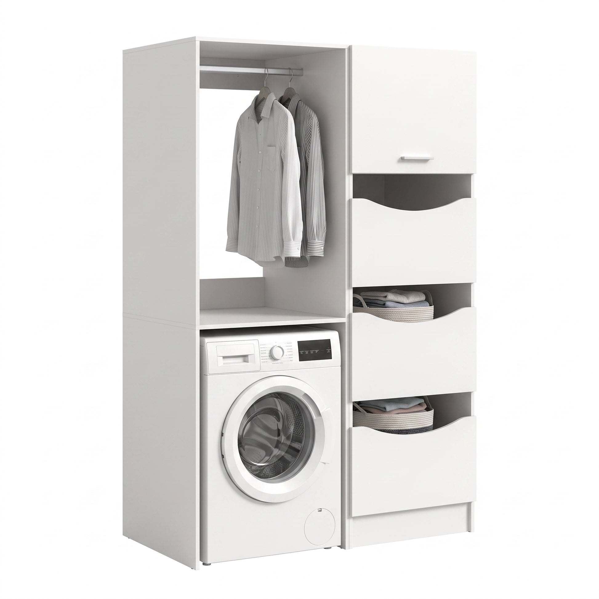 Waschmaschinenschrank-Set mit Kleiderstange, Fächern und Schublade für Waschmaschine