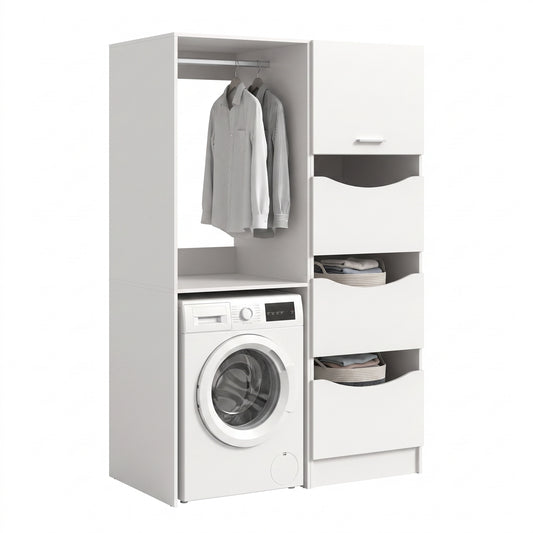 Waschmaschinenschrank-Set mit Kleiderstange, Fächern und Schublade für Waschmaschine
