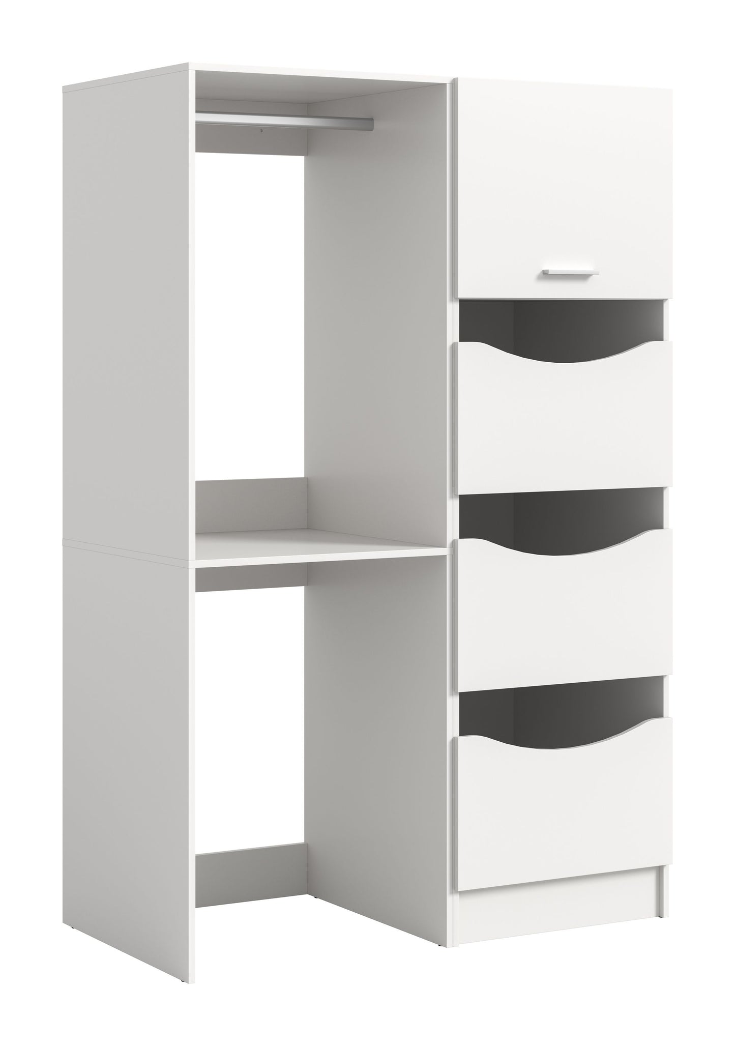 Waschmaschinenschrank-Set, weißes 2er-Set mit offenen Fächern und Schubladen, mit Griffleiste