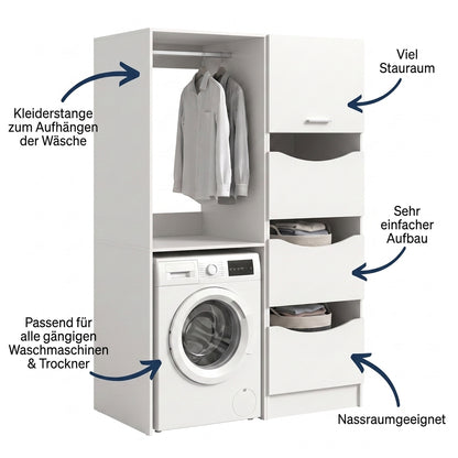 Waschmaschinenschrank-Set mit Kleiderstange und Ablagefächern neben Waschmaschine