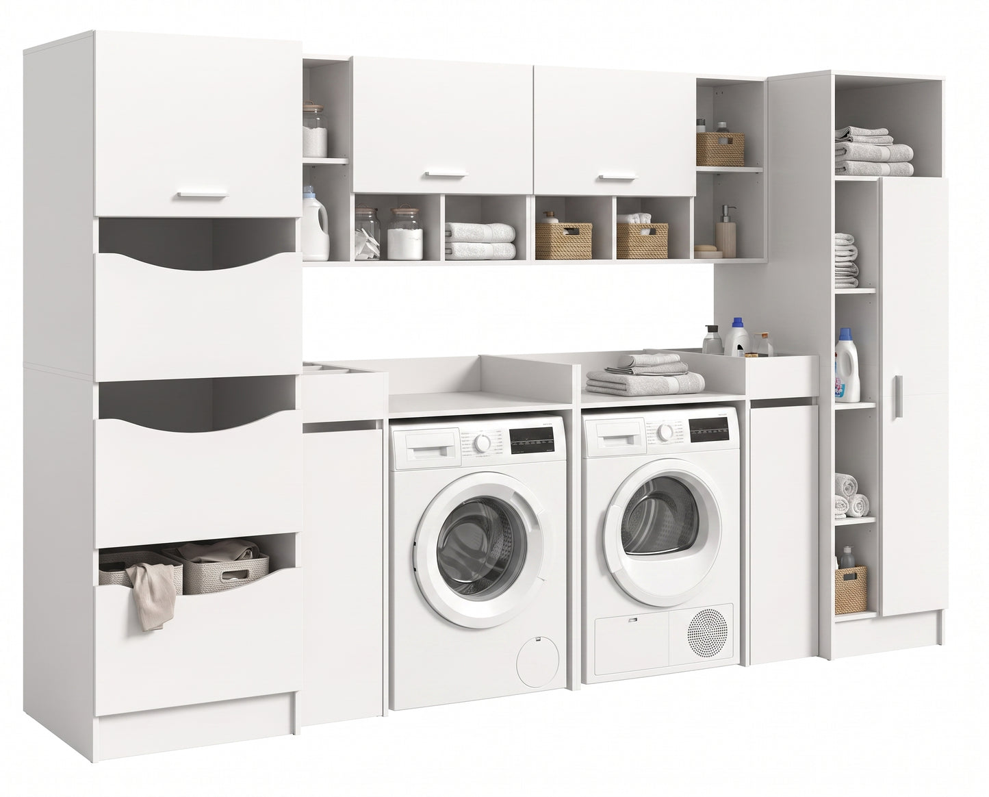 Waschmaschinenschrank-Set in Weiß/Grau mit zwei Waschmaschinenplätzen und Stauraumregalen