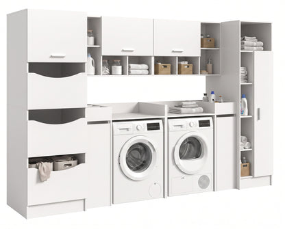 Waschmaschinenschrank-Set in Weiß/Grau mit zwei Waschmaschinenplätzen und Stauraumregalen