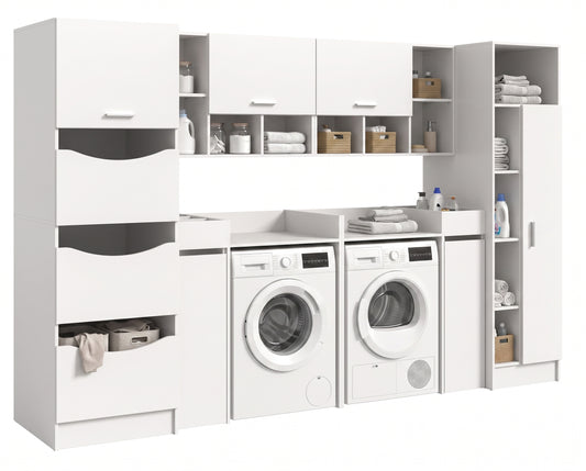 Waschmaschinenschrank-Set in Weiß/Grau mit zwei Waschmaschinenplätzen und Stauraumregalen