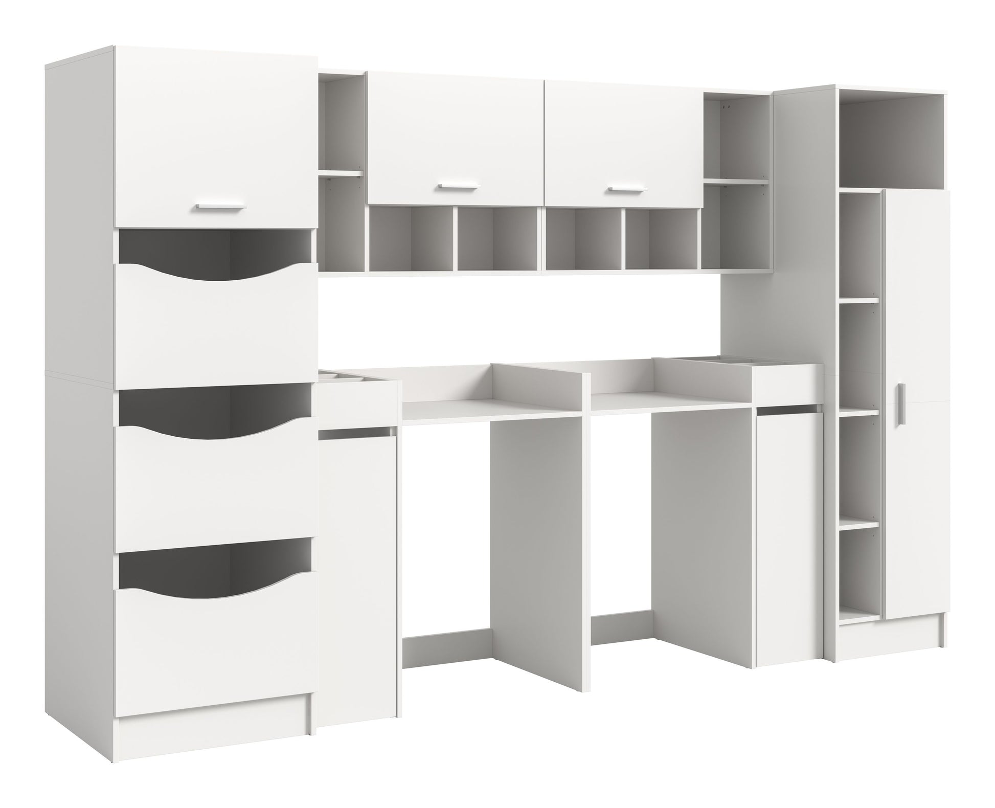 Waschmaschinenschrank-Set mit offenen Fächern und 3 grauen Wäscheboxen, weißes Holzgehäuse.