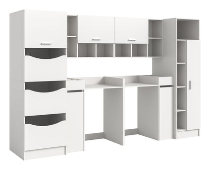 Waschmaschinenschrank-Set mit offenen Fächern und 3 grauen Wäscheboxen, weißes Holzgehäuse.