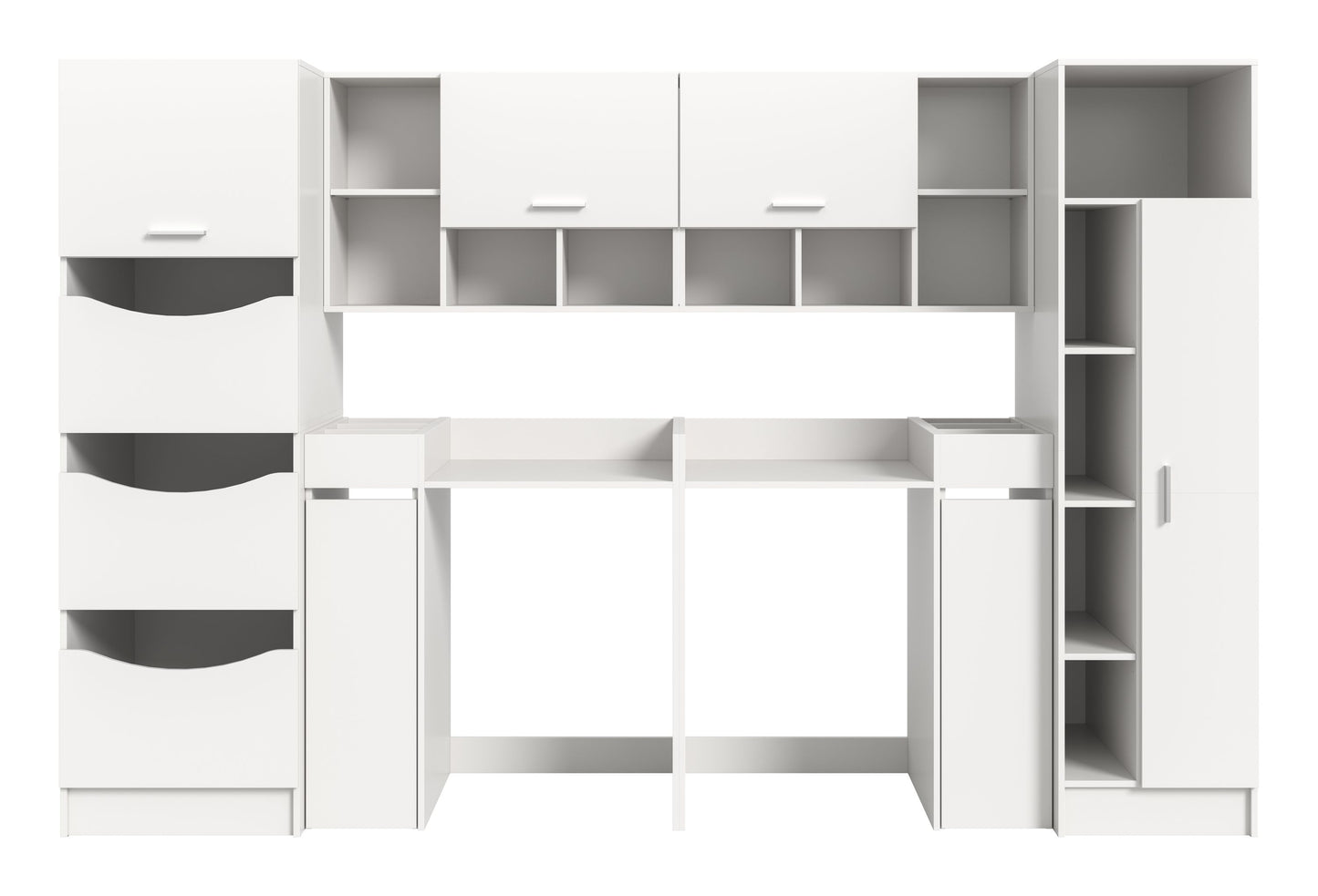 Waschmaschinenschrank-Set, Frontansicht mit großen Öffnungen und seitlichen Regalen, weiß.
