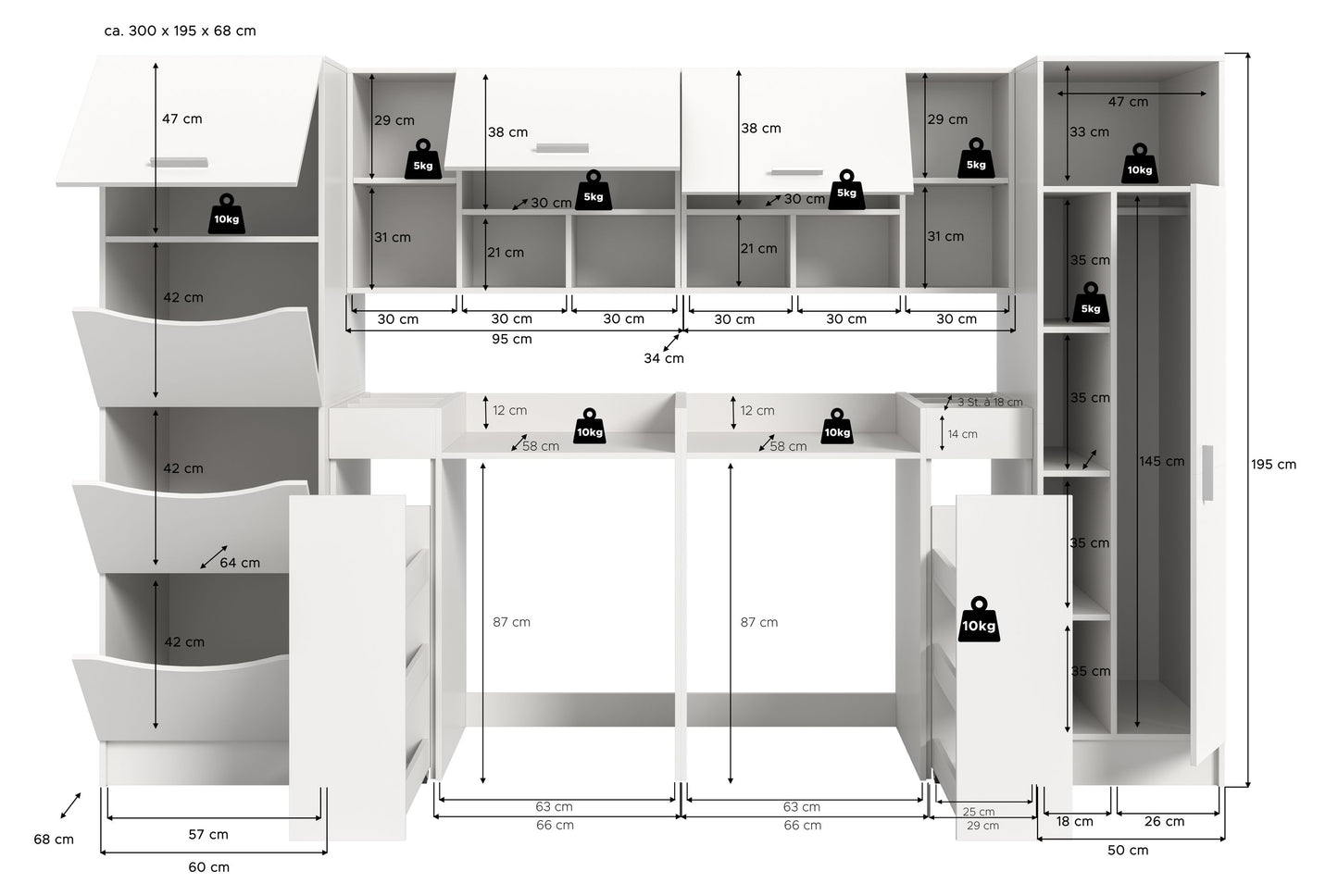 Aufbauzeichnung für Waschmaschinenschrank-Set mit Maßen und offenen Fächern sowie Türen.