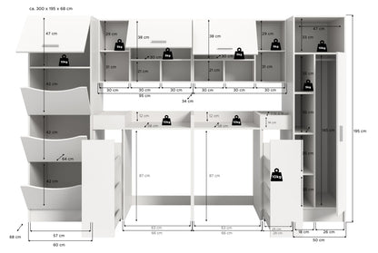 Aufbauzeichnung für Waschmaschinenschrank-Set mit Maßen und offenen Fächern sowie Türen.